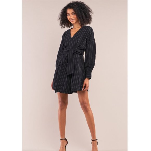 Dresses & Skirts - Black Pinstripe Linen Blend Wrap Dress NWT